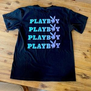 Playboy black shirt Men’s Sz L purple turquoise short sleeved